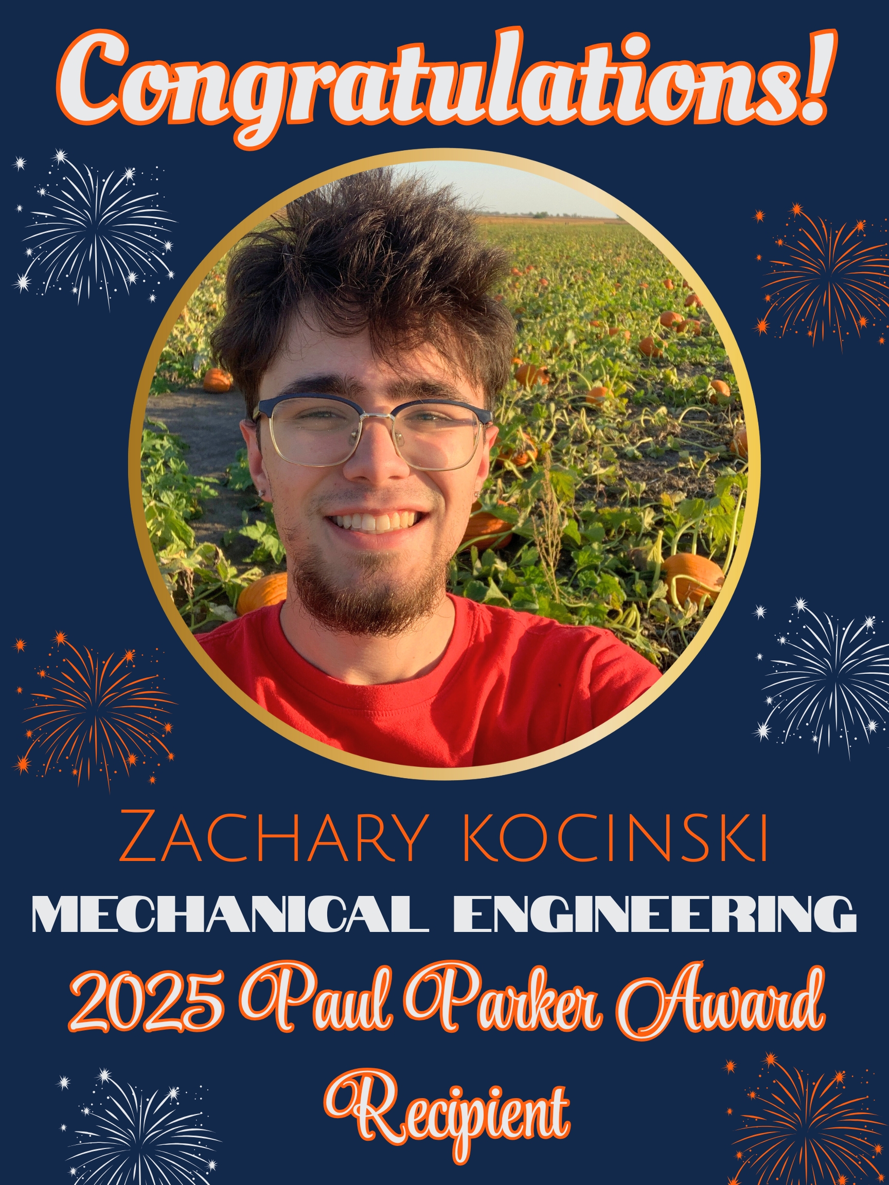 Portrait of Zachary Kocinski, Mechanical Engineering Major and 2025 Paul Parker Award Recipient