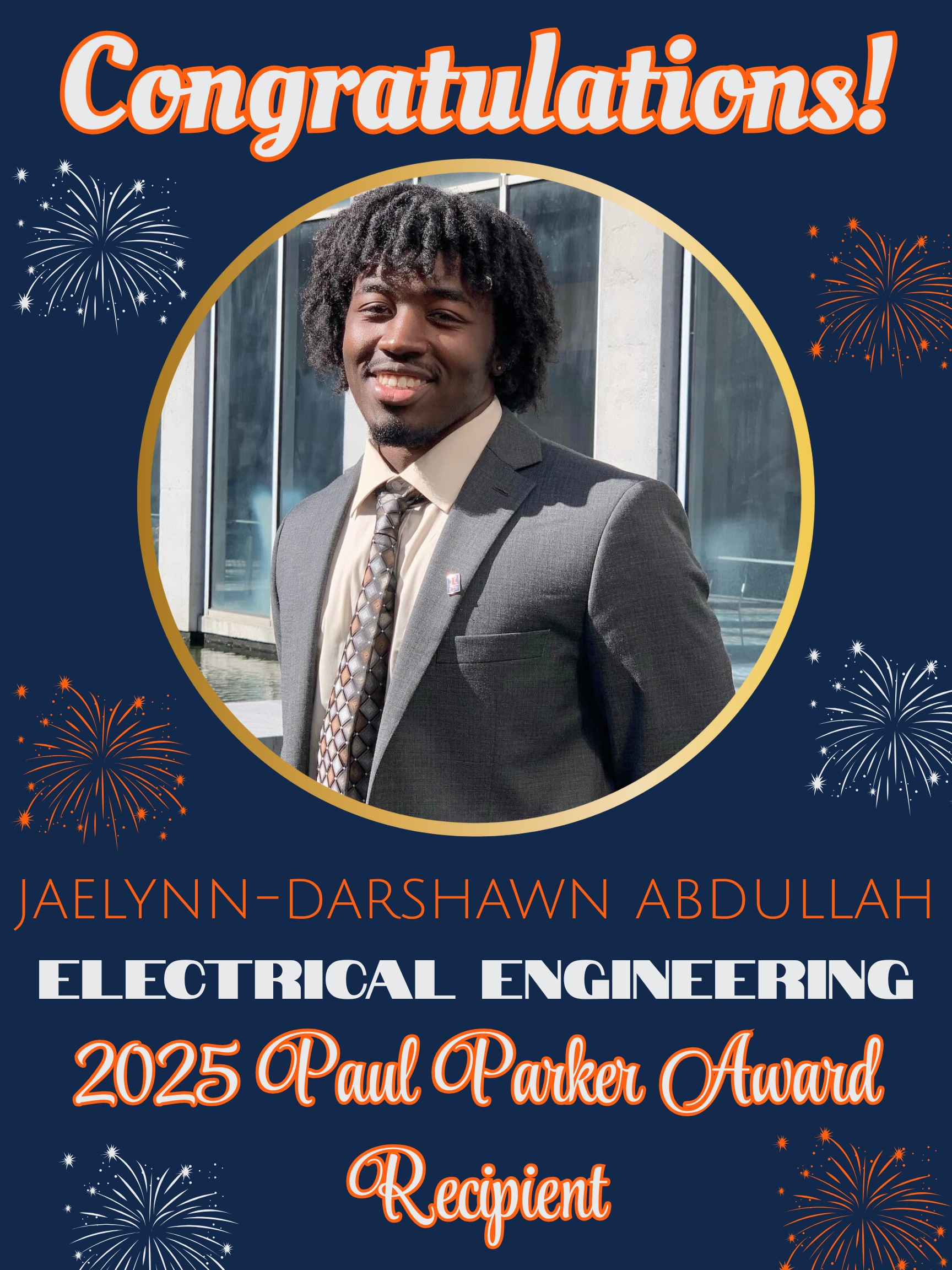 Portrait of Jaelynn-Darshwan Abdullah, Electrical Engineering Major and 2025 Paul Parker Award Recipient