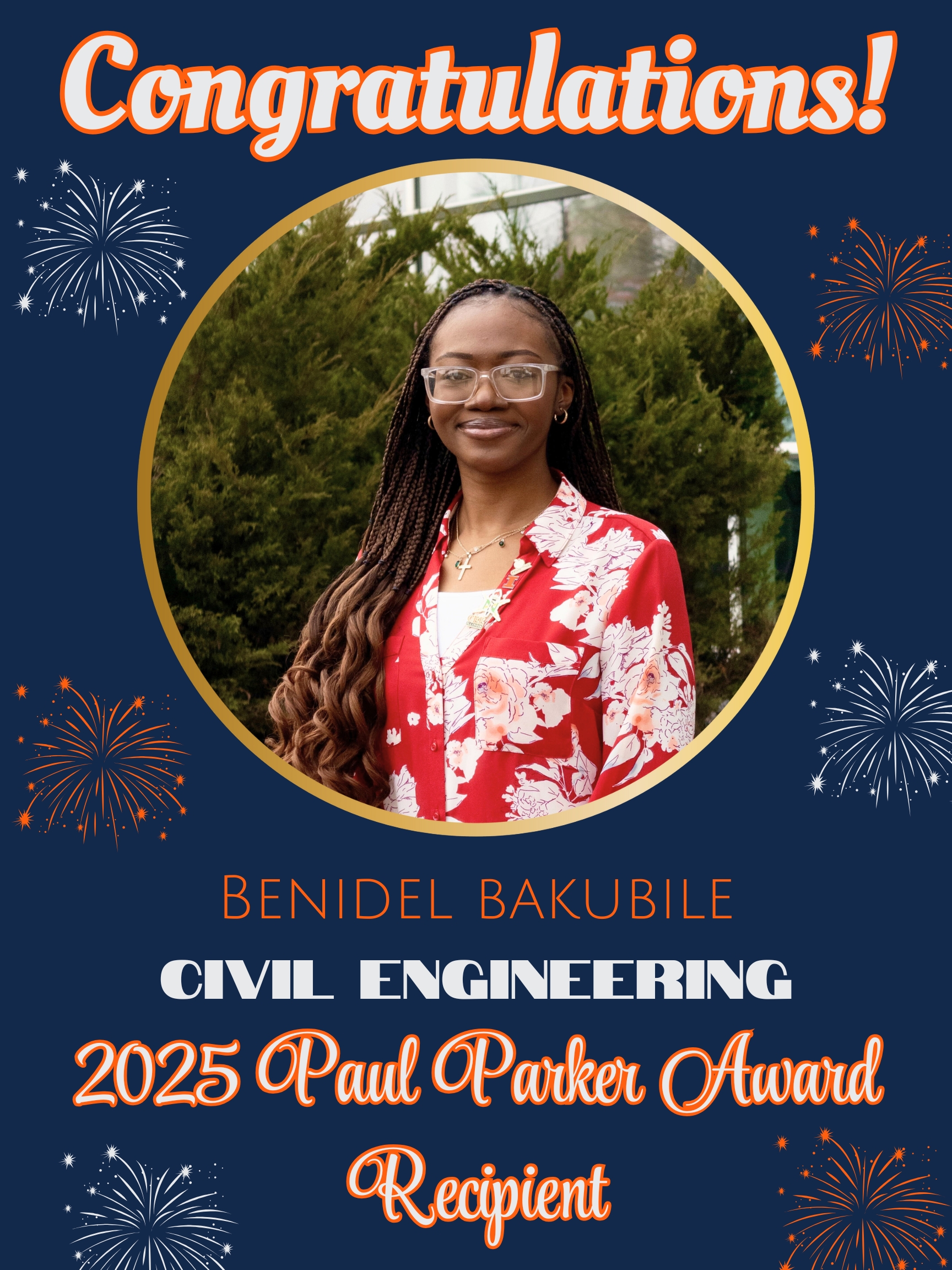 Portrait of Benidel Bakubile, Civil Engineering Major and 2025 Paul Parker Award Recipient