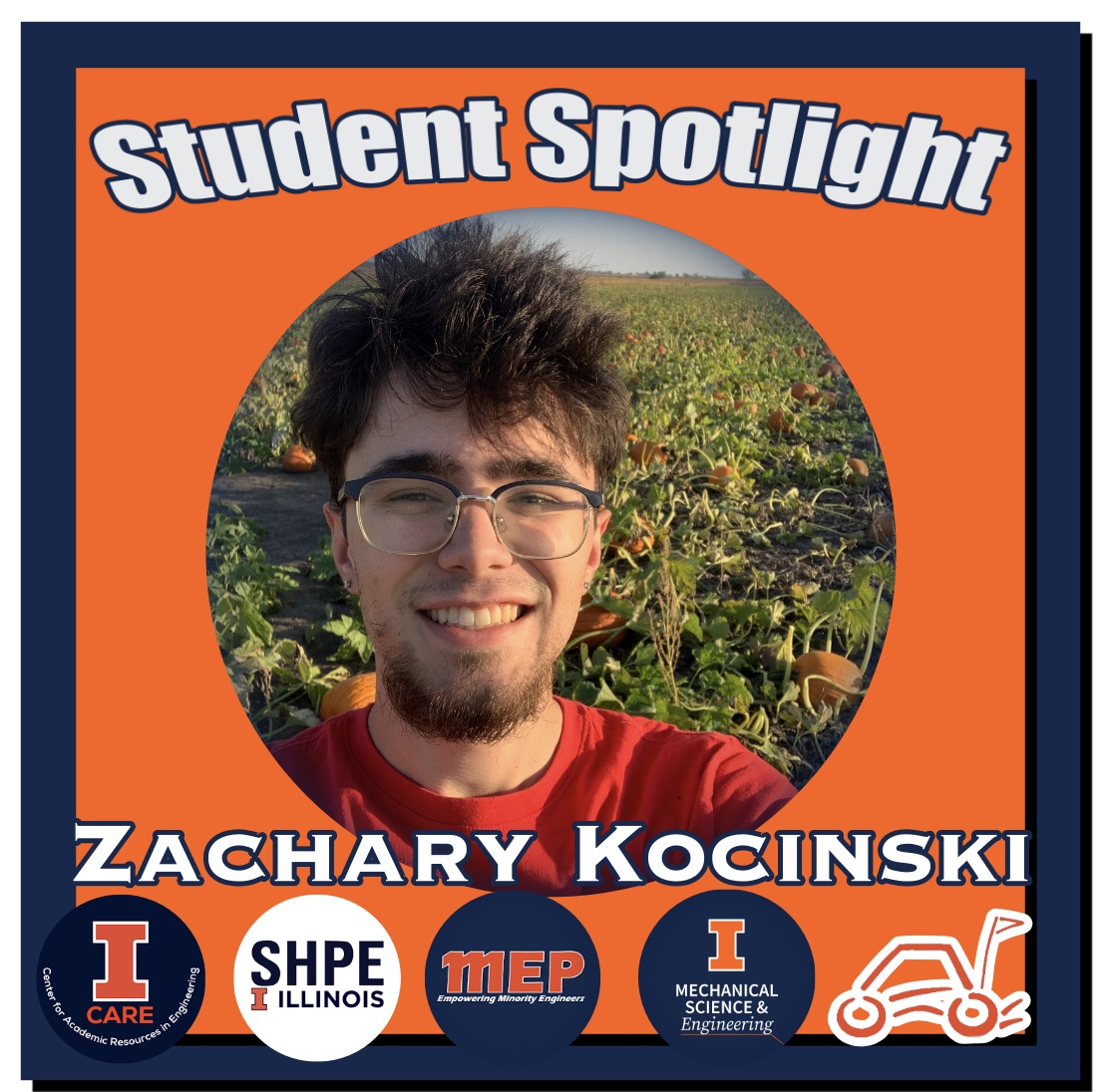 Portrait of Zachary Kocinski, B.S. in Mechanical Engineering, Student Spotlight.